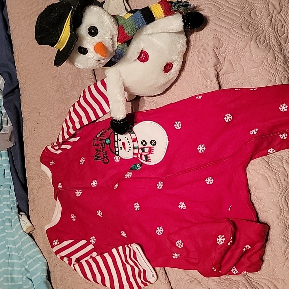 My first Christmas outfit with plush snowman